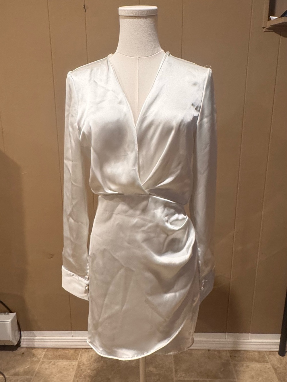 Zara White Satin Long Sleeve Wrap Dress